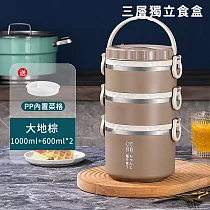 【好拾選物】日系304不銹鋼保溫便當盒/手提多功能防燙飯盒/三層獨立食盒 ─大地棕