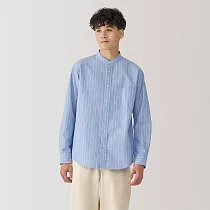 【MUJI 無印良品】男水洗牛津布立領長袖襯衫 XL 淡藍直紋