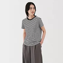 【MUJI 無印良品】女天竺圓領短袖T恤 S 黑橫紋