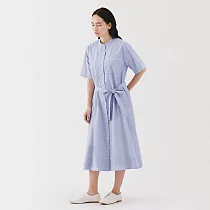 【MUJI 無印良品】女涼感短袖襯衫洋裝 L 淡藍直紋
