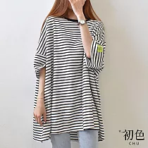 【初色】圓領撞色條紋五分短袖標籤裝飾寬鬆中長款T恤上衣女上衣─共2色─33440(F可選) F 白色