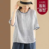 【慢。生活】色織條紋清新休閒寬鬆棉麻上衣 9322 FREE 藍色