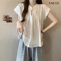 【AMIEE】法式小眾白色短袖襯衫女上衣(KDTY─6913) M 白色