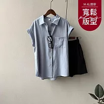 【慢。生活】法式寬鬆設計感捲邊短袖襯衫 J12204 FREE 藍色
