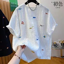 【初色】棉麻風純色圓領海洋元素刺繡寬鬆短袖T恤上衣女上衣─共2色─12575(L─2XL可選) L 白色
