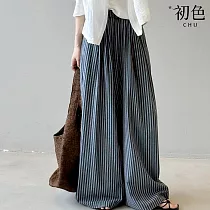 【初色】豎條紋簡約寬鬆鬆緊腰闊腿休閒褲寬褲長褲─共2色─13800(M─2XL可選) M 藏青色