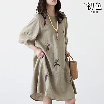 【初色】簡約亞麻重工刺繡圓領五分袖寬鬆中長裙連衣裙連身洋裝長裙-共2色-13722(M-2XL可選) M 麻綠色