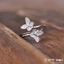 【Sayaka紗彌佳】925純銀 蝶之飛舞鑲鑽造型開口戒 ─白金色
