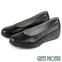 【GREEN PHOENIX】女 便鞋 包鞋 素面 全真皮 小坡跟 楔型 厚底 OL通勤 上班面試 EU37 黑色