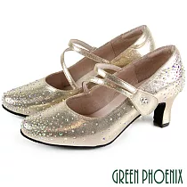 【GREEN PHOENIX】女 專業標準舞鞋 摩登舞鞋 探戈 華爾滋 國標舞鞋 金蔥 水鑽 真皮底 沾黏式 72 金色