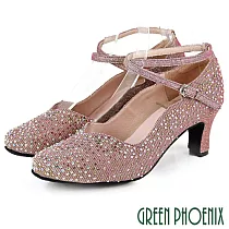 【GREEN PHOENIX】女 專業標準舞鞋 摩登舞鞋 探戈 華爾滋 國標舞鞋 金蔥 水鑽 真皮底 交叉 側扣式 72 粉紫