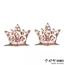 【Sayaka紗彌佳】925純銀奢華感鏤空皇冠紅寶石造型鑲鑽耳環─玫瑰金