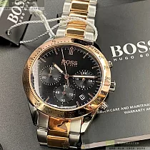 BOSS伯斯精品錶，編號：HB1513584，42mm圓形玫瑰金精鋼錶殼黑色錶盤精鋼金銀相間錶帶