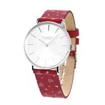 COACH 真皮錶帶愛心印花指針錶-紅