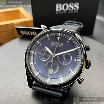 BOSS伯斯精品錶，編號：HB1513711，40mm圓形黑精鋼錶殼寶藍色錶盤真皮皮革深藍色錶帶