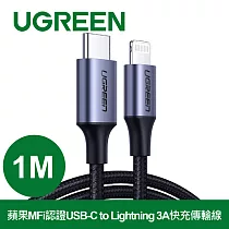 綠聯 1M iPhone充電線MFi認證USB─C to Lightning快充傳輸線 金屬編織版