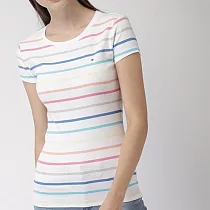 TOMMY HILFIGER 女版棉質圓領條紋短袖 XS 白底彩色條紋