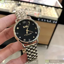 COACH蔻馳精品錶，編號：CH00034，36mm圓形金色精鋼錶殼黑色錶盤精鋼金色錶帶