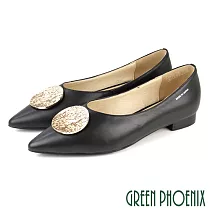 【GREEN PHOENIX】女 低跟鞋 國際精品 飾釦 柔軟日本小羊皮 尖頭 EU38 黑色