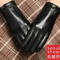 seoul show首爾秀 金屬蝴蝶結頭層小綿羊皮女士真皮保暖觸控手套 黑色