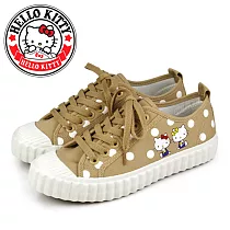 【HELLO KITTY】女 休閒鞋 帆布鞋 餅乾鞋 凱蒂貓 白玉珍奶 綁帶 JP23.5 卡其色