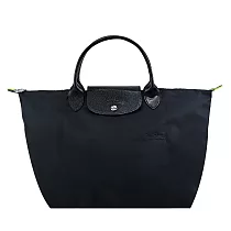 LONGCHAMP LE PLIAGE GREEN系列刺繡短把再生尼龍摺疊水餃包(中) 黑