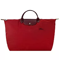 LONGCHAMP LE PLIAGE GREEN系列刺繡短把再生尼龍摺疊旅行袋(大) 紅