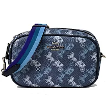 COACH 印花皮革拉鍊斜背包-藍