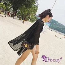 【Decoy】條紋雪紡*七分袖防曬長版罩衫外套/L 黑
