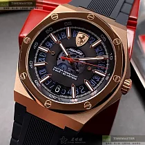 FERRARI法拉利精品錶，編號：FE00054，44mm八角形玫瑰金精鋼錶殼深藍色錶盤矽膠深黑藍色錶帶