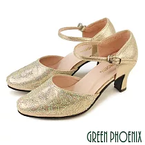 【GREEN PHOENIX】女 專業標準舞鞋 探戈 華爾滋 摩登舞鞋 國標舞鞋 金蔥 水鑽 真皮底 側扣式 70 金色