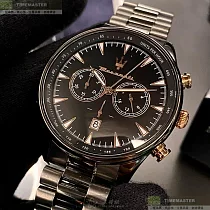 MASERATI瑪莎拉蒂精品錶，編號：R8873646001，46mm圓形黑精鋼錶殼黑色錶盤精鋼深黑色錶帶