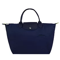 LONGCHAMP LE PLIAGE GREEN系列刺繡短把再生尼龍摺疊水餃包(中) 海軍藍
