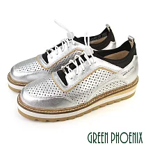 【GREEN PHOENIX】女 休閒鞋 國際精品 胎牛皮 運動風 雕花 鬆糕 厚底 西班牙原裝 EU37 銀色