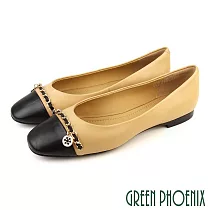 【GREEN PHOENIX】女 娃娃鞋 便鞋 全真皮 小羊皮 平底 芭蕾 小香風 OL通勤面試 乳膠鞋墊 EU35 棕色