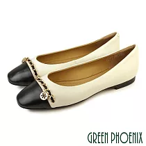 【GREEN PHOENIX】女 娃娃鞋 便鞋 全真皮 小羊皮 平底 芭蕾 小香風 OL通勤面試 乳膠鞋墊 EU38 米色