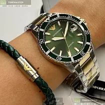 ARMANI阿曼尼精品錶，編號：AR00043，44mm圓形綠金精鋼錶殼墨綠色錶盤精鋼金銀相間錶帶