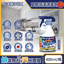 (2瓶超值組)日本獅子化工─PIX廚房3效合1去油漂白除臭鹼性泡沫噴霧清潔劑400ml/藍白瓶(除油垢消臭泡泡洗劑，廚具，爐具，餐具，不鏽鋼濾網，砧板皆適用)