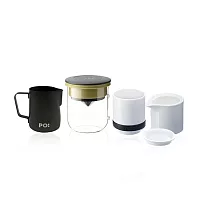 【PO：Selected】丹麥手沖咖啡三件組(玻璃杯350ml─共4色/拉花杯─黑/糖奶罐) 黑綠