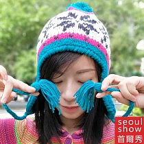 seoul show首爾秀 雪花棒針編織毛線帽 藍綠