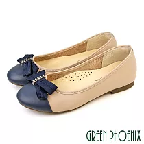 【GREEN PHOENIX】女 娃娃鞋 便鞋 全真皮 平底 蝴蝶結 OL通勤面試 乳膠鞋墊 台灣製 US7 藍色