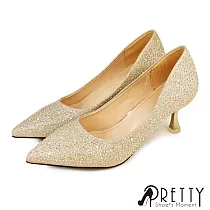 【Pretty】女 高跟鞋 新娘鞋 婚鞋 宴會鞋 包鞋 尖頭 金蔥 水鑽 高跟 細跟 JP24 金色