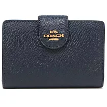 COACH 素面防刮皮革中夾 深藍