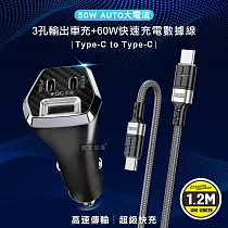 【組合購】City 50W車用充電器 Type─C/USB─A 3孔車充頭+60W抗彎折 Type─C to Type─C 鋁合金傳輸充電線