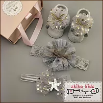 【akiko kids】淘氣寶寶系列網紗蝴蝶結髮帶鞋襪套三件組禮盒 ─灰色皇冠