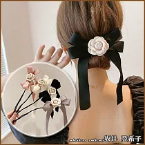 『?井.亞希子』日系柔美緞帶蝴蝶結山茶花造型盤髮器 ─黑色