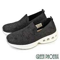 【GREEN PHOENIX】女 休閒鞋 健走鞋 懶人鞋 氣墊 透氣 直套式 厚底 彈力 紓壓 EU38 黑色