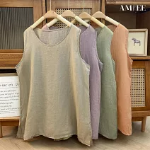 【AMIEE】棉麻寬鬆無袖背心女上衣(KDTY-7323) L 杏色