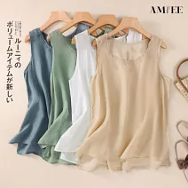 【AMIEE】純色圓領無袖T恤女上衣(KDTY-6191) 2XL 杏色