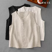 【AMIEE】純色棉麻背心圓領無袖T恤女上衣(KDTY-9035) M 白色